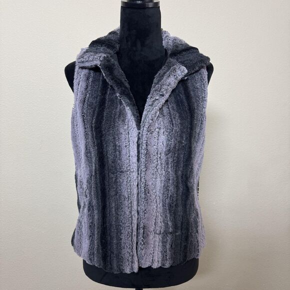 Cejon Vest Womens Small Gray Black Faux Fur Ombre Striped Hook Eye Pockets Lined - Picture 2 of 16